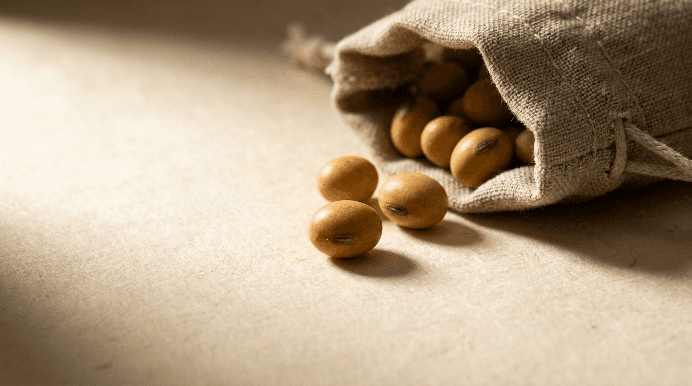 Premium soybeans spilling from a linen sack